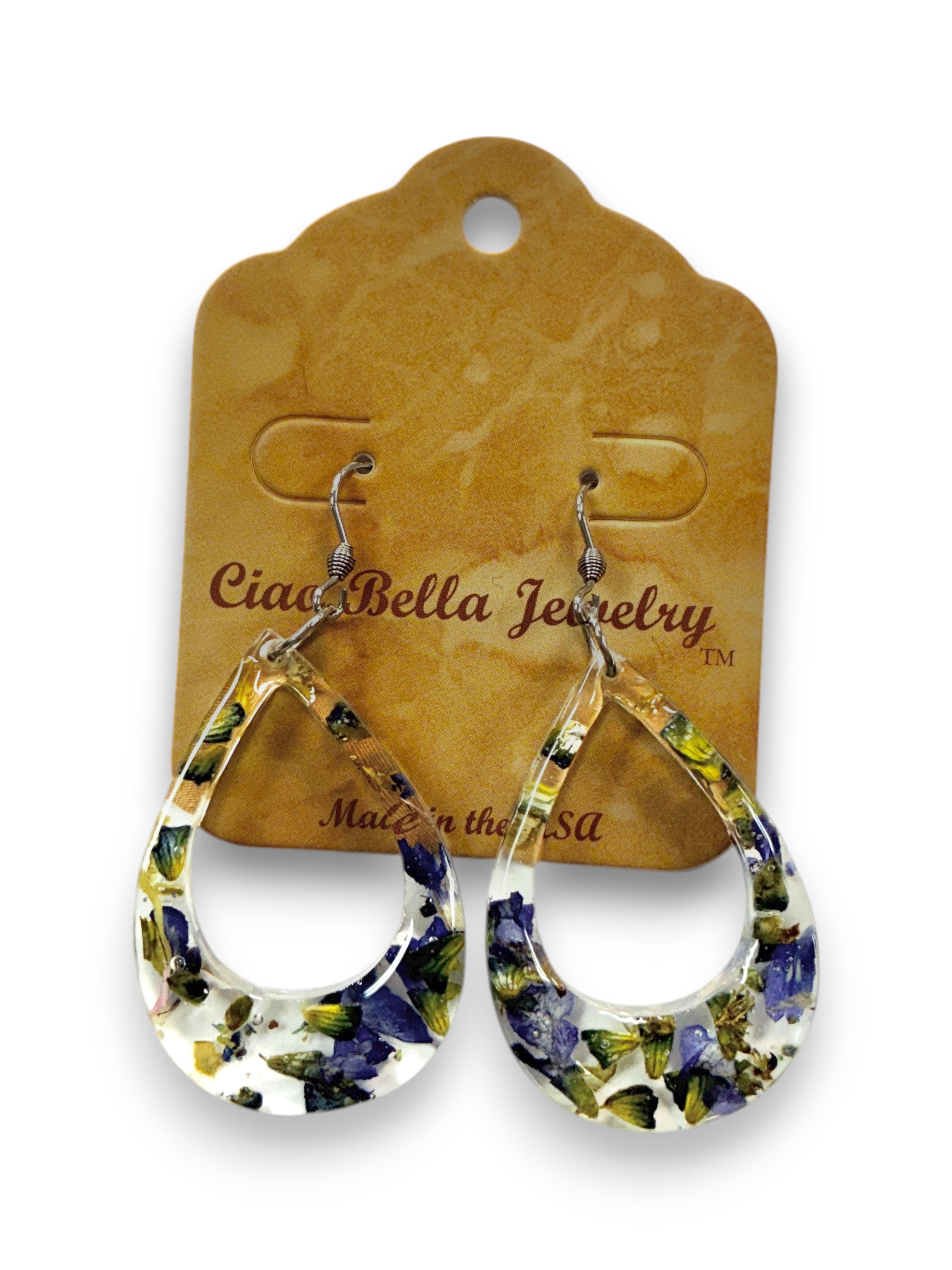 Pressed Flower Resin Teardrop Earrings in Rainbow Variant Colors