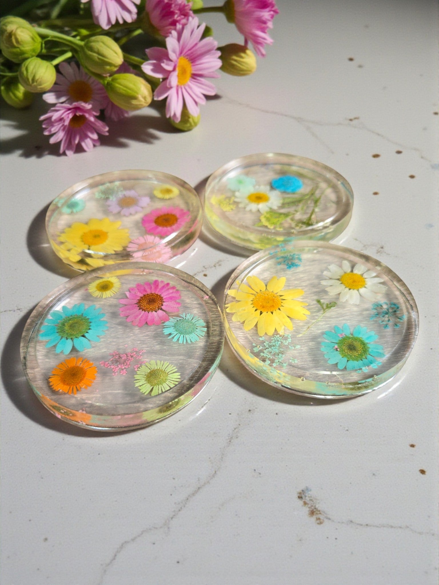 Four Pressed Flower Resin Coasters Set - Botanical Coaster with Real Flowers