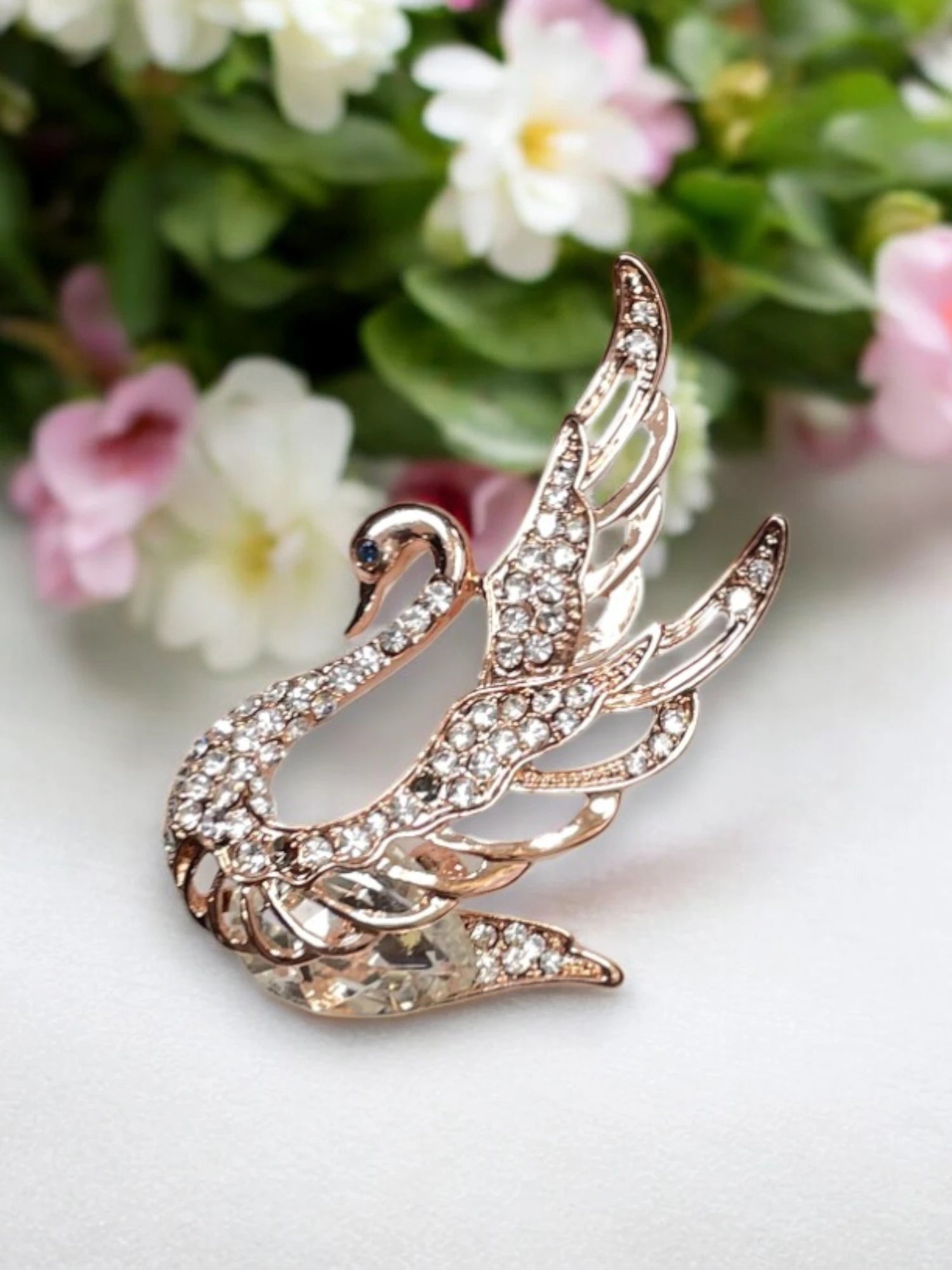Rose Gold Swan Brooch, Crystal Swan Pin, Elegant Bird Brooch