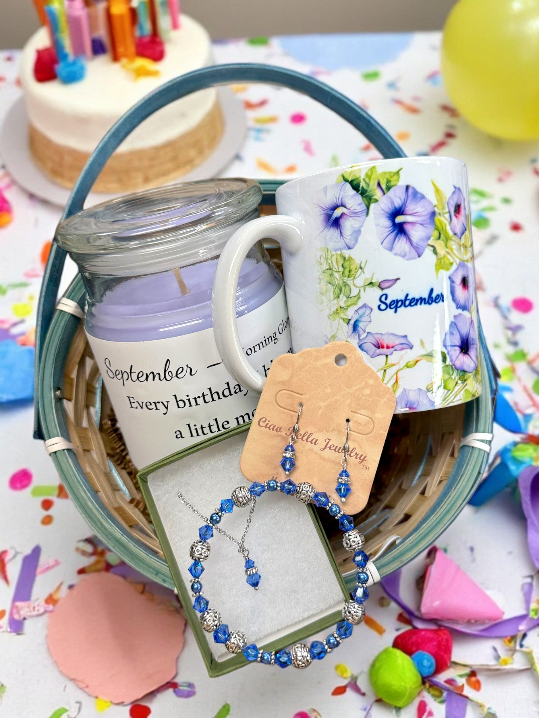 September Birthday Gift Box, Candle, Sapphire Jewelry, Morning Glory Mug, Women's Birthday Gift