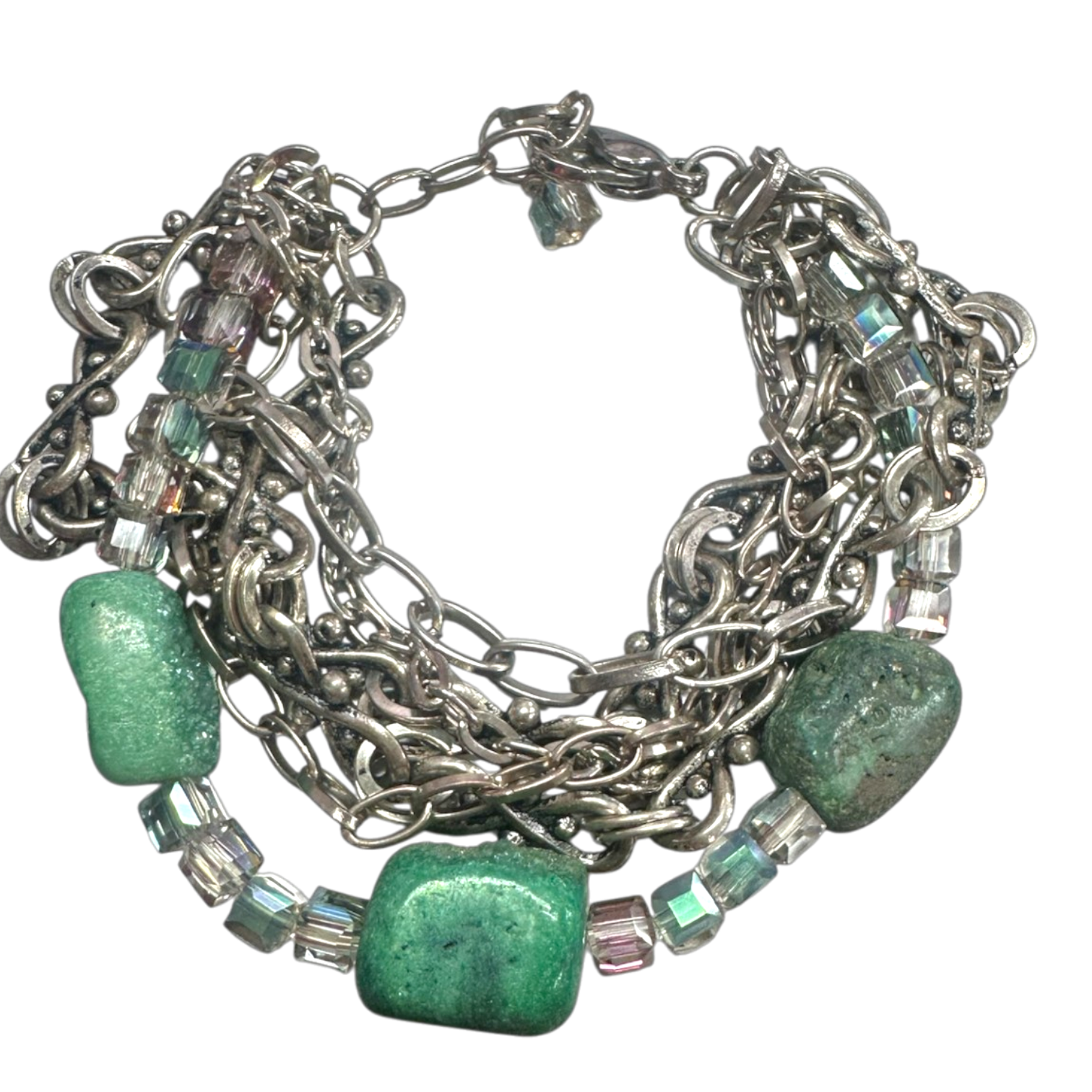 Green Druzy Multi Silver Chain Wrap Bracelet