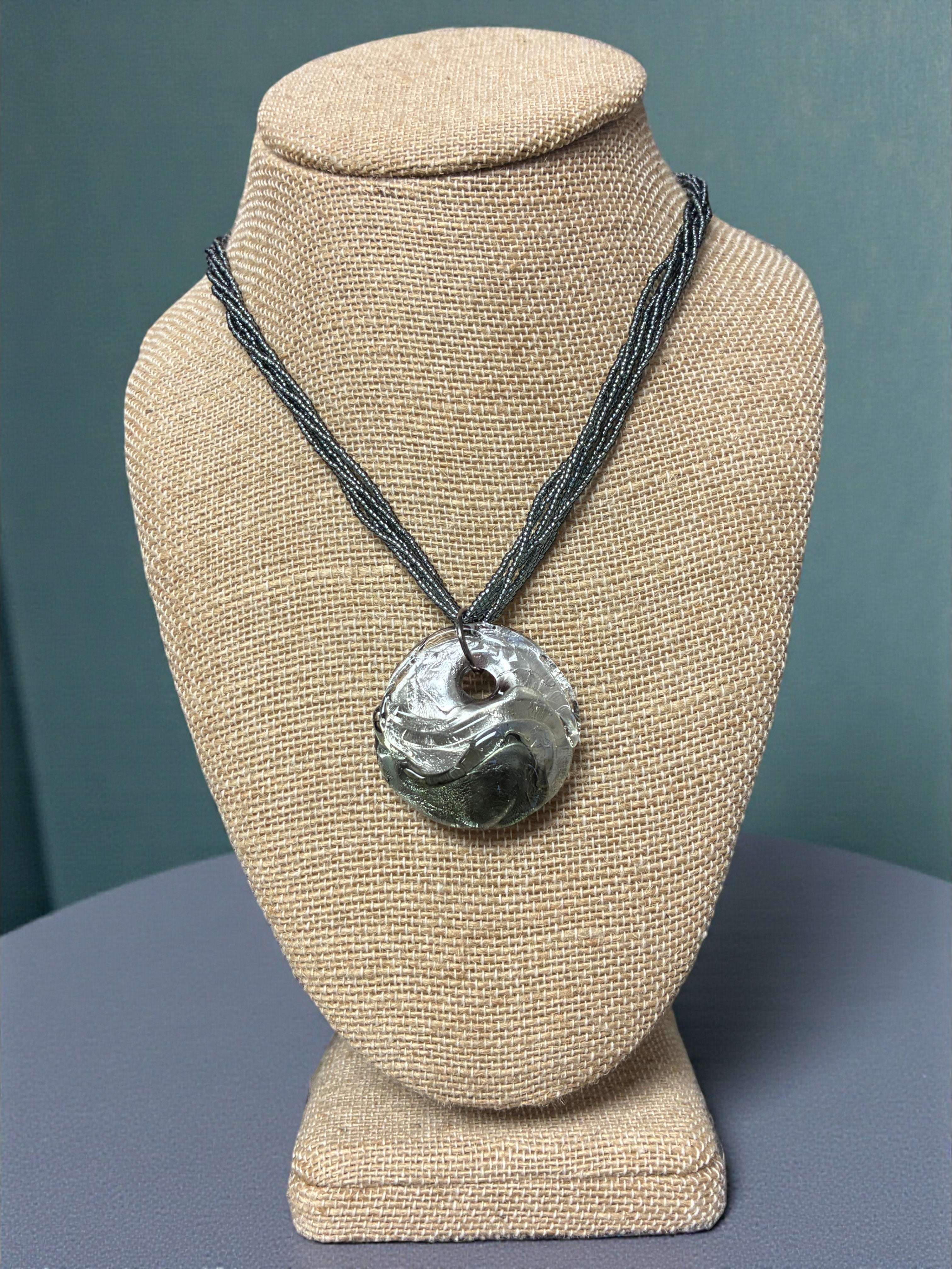 Elegant Silver and Gray Murano Glass Circle Pendant with Navy Blue Multi-Strand Beads