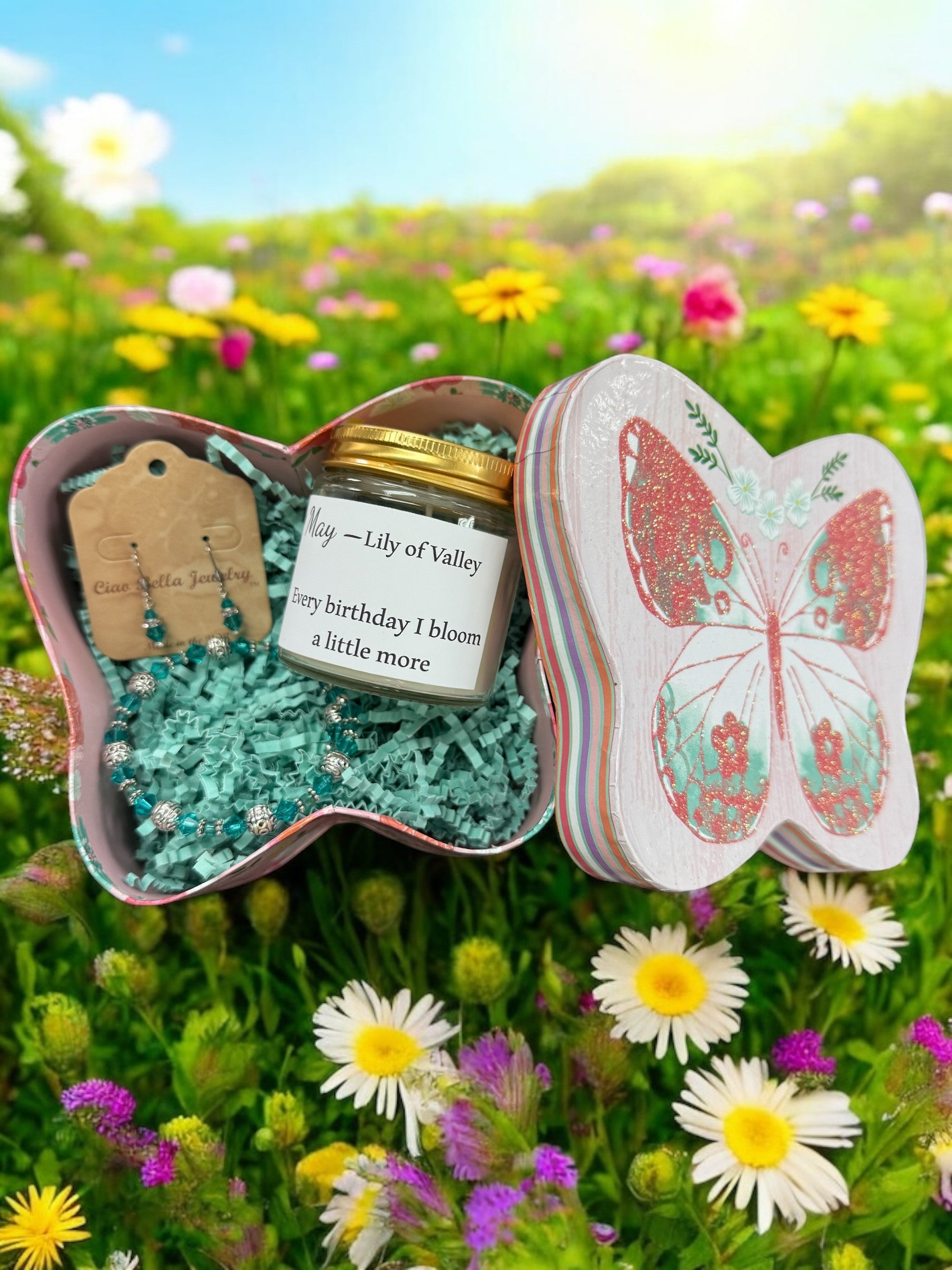 May Birthday Gift Box, Candle, Emerald Jewelry, Lily of the Valley Mug, Butterfly Box, Women's Gift
