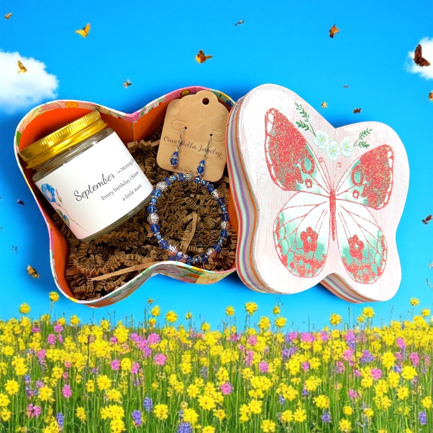 September Birthday Gift Box, Candle, Sapphire Jewelry, Morning Glory Mug, Women's Birthday Gift