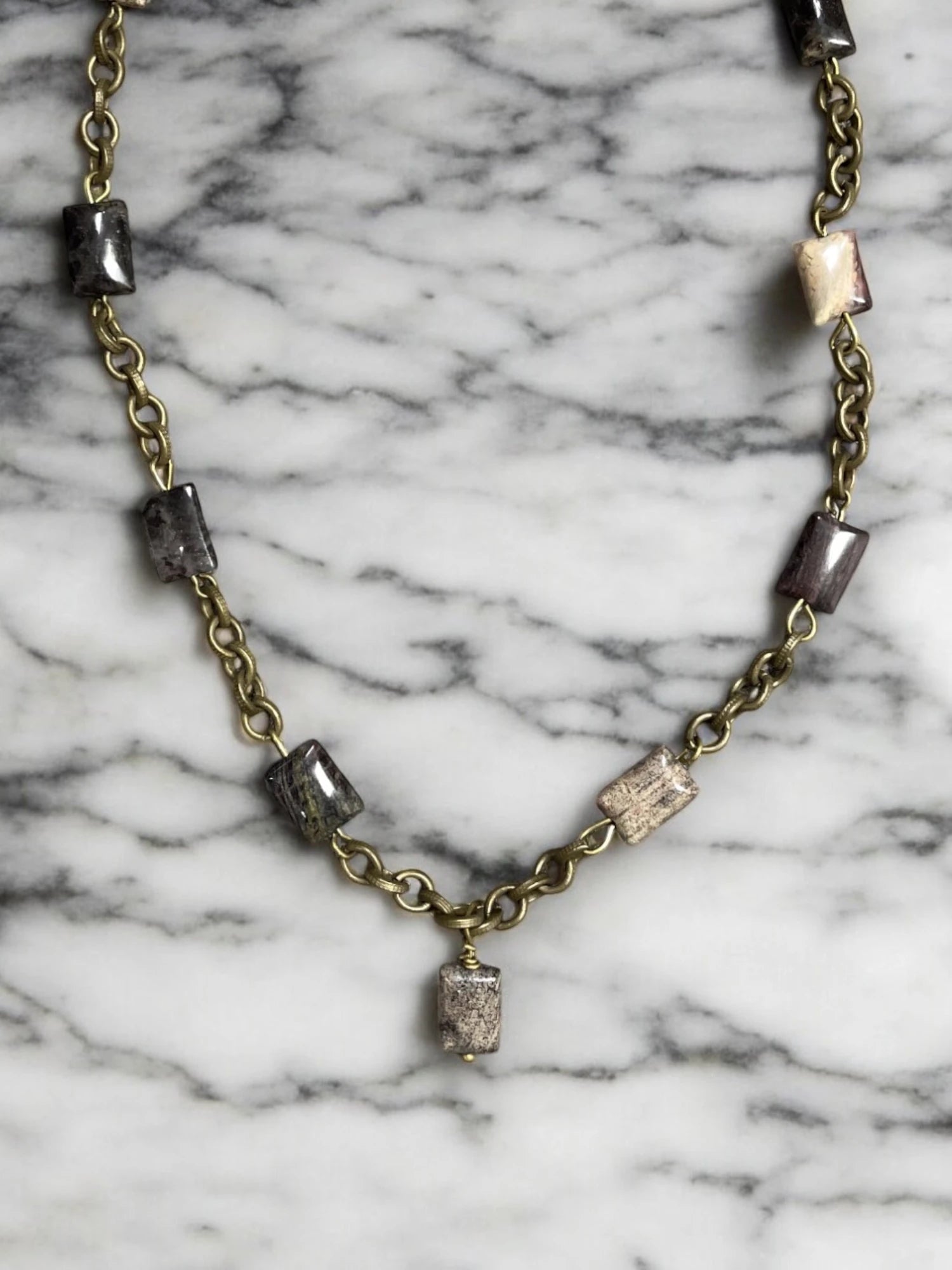 Snakeskin Jasper Necklace, Antique Gold Chain, Gemstone Pendant