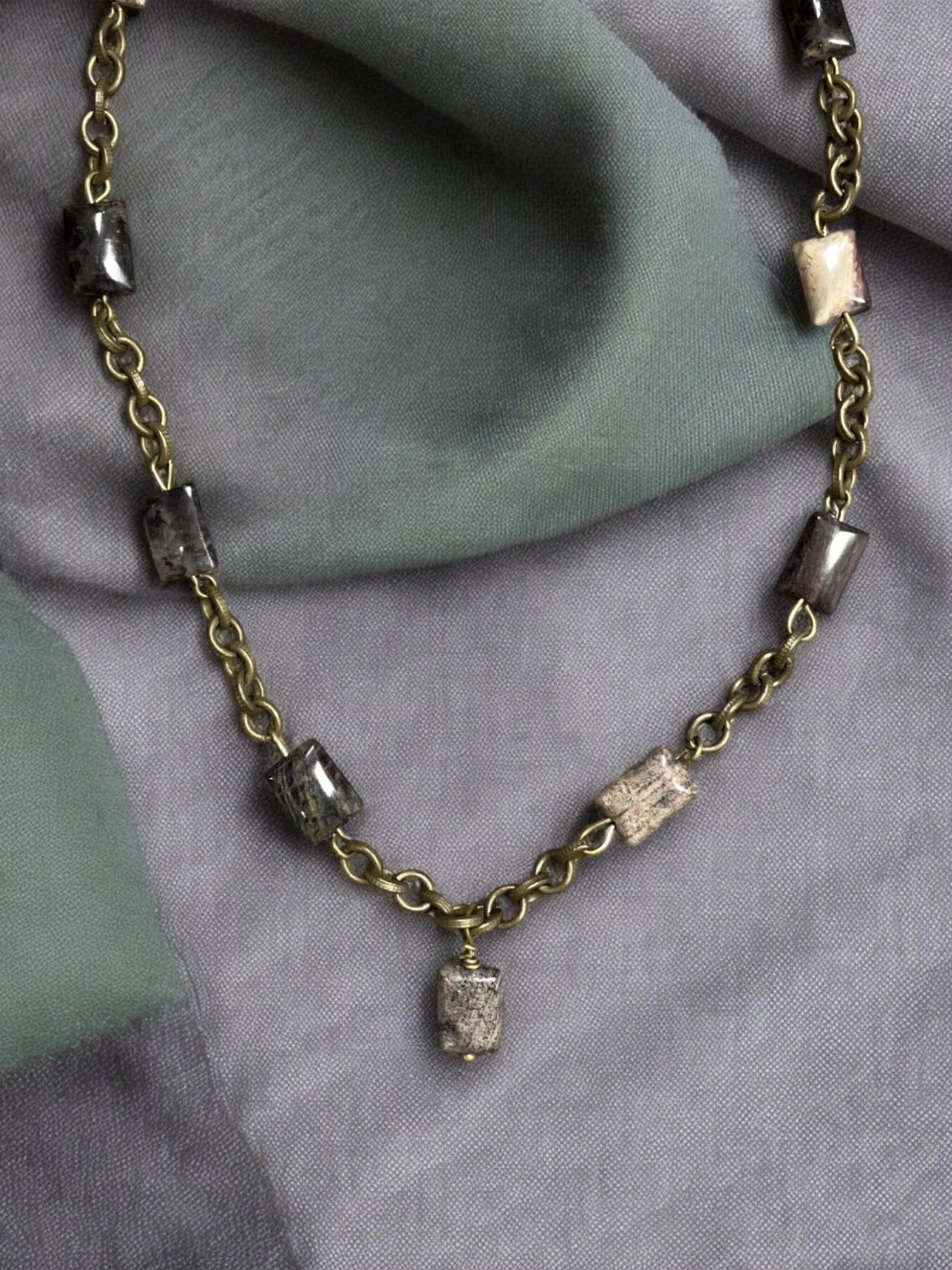 Snakeskin Jasper Necklace, Antique Gold Chain, Gemstone Pendant