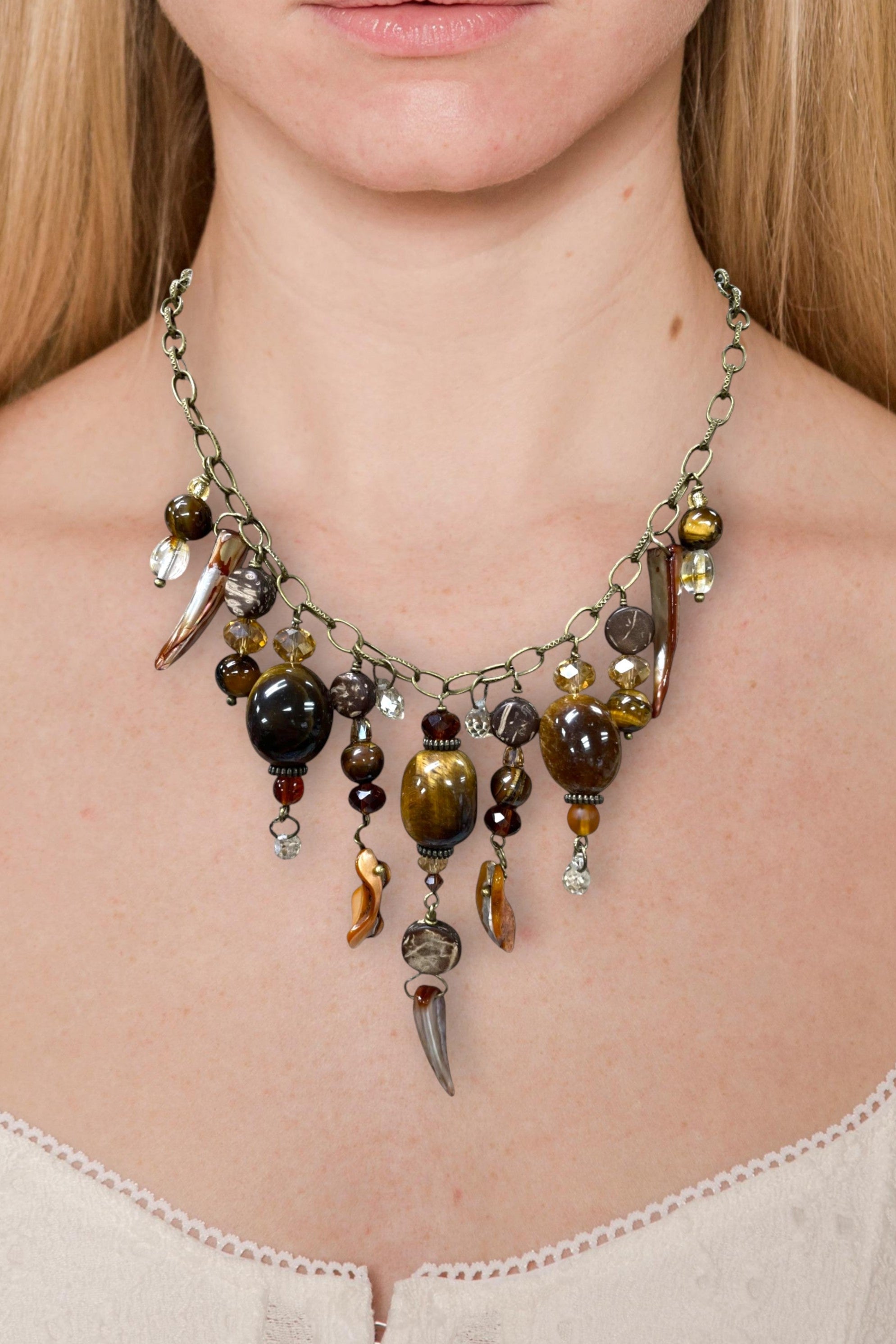 Gemstone Cluster Bib Necklace - Tiger Eye, Turquoise Amazonite, Amethyst, Blue Agate, Apatite, and Sodalite