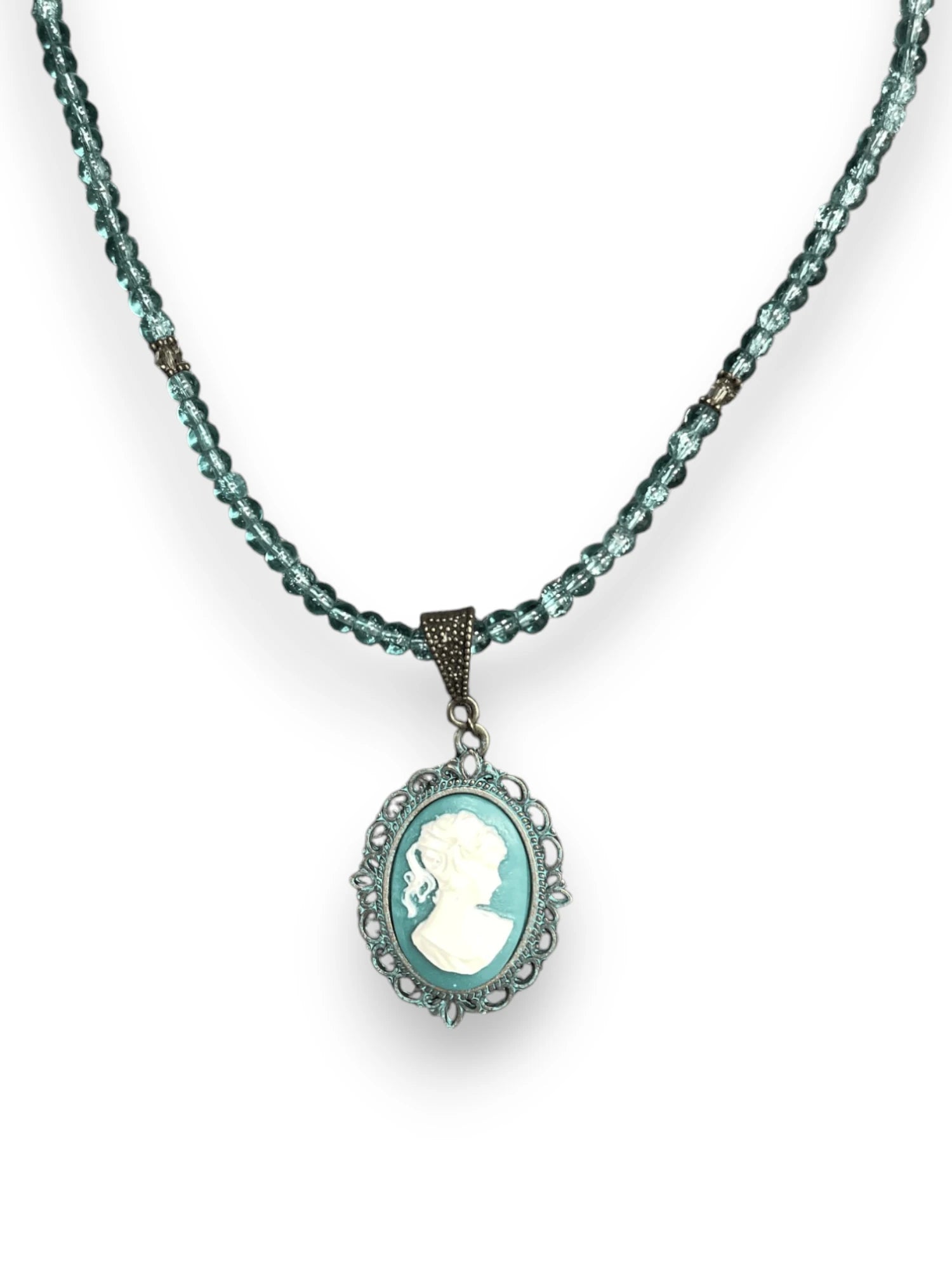 Turquoise Cameo Necklace, Victorian Pendant, Beaded Necklace