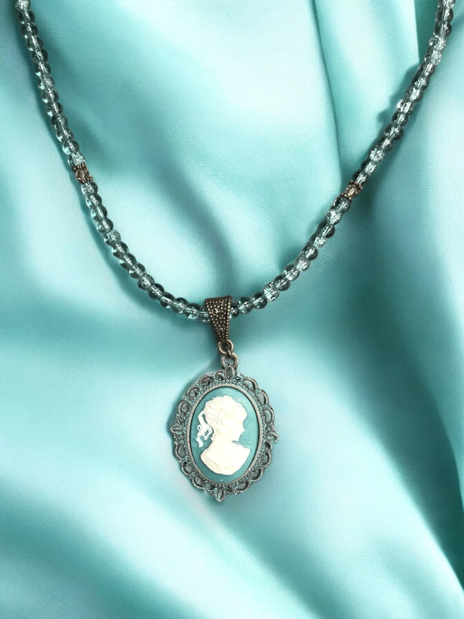 Turquoise Cameo Necklace, Victorian Pendant, Beaded Necklace