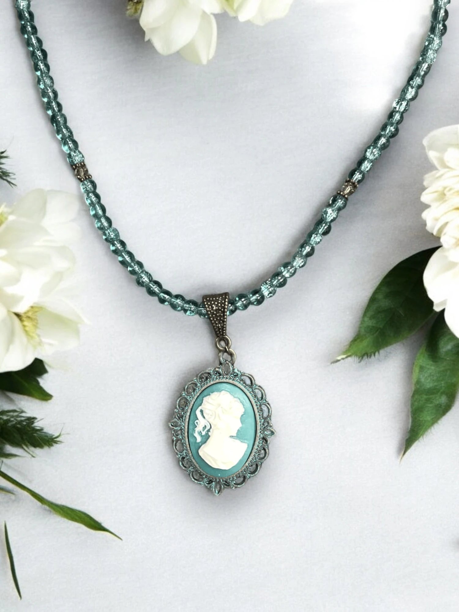Turquoise Cameo Necklace, Victorian Pendant, Beaded Necklace