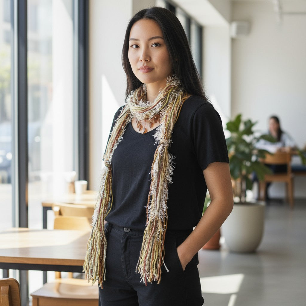 Boho Beaded Lightweight Mohair Scarf Necklace - Brown, Green, and Ivory