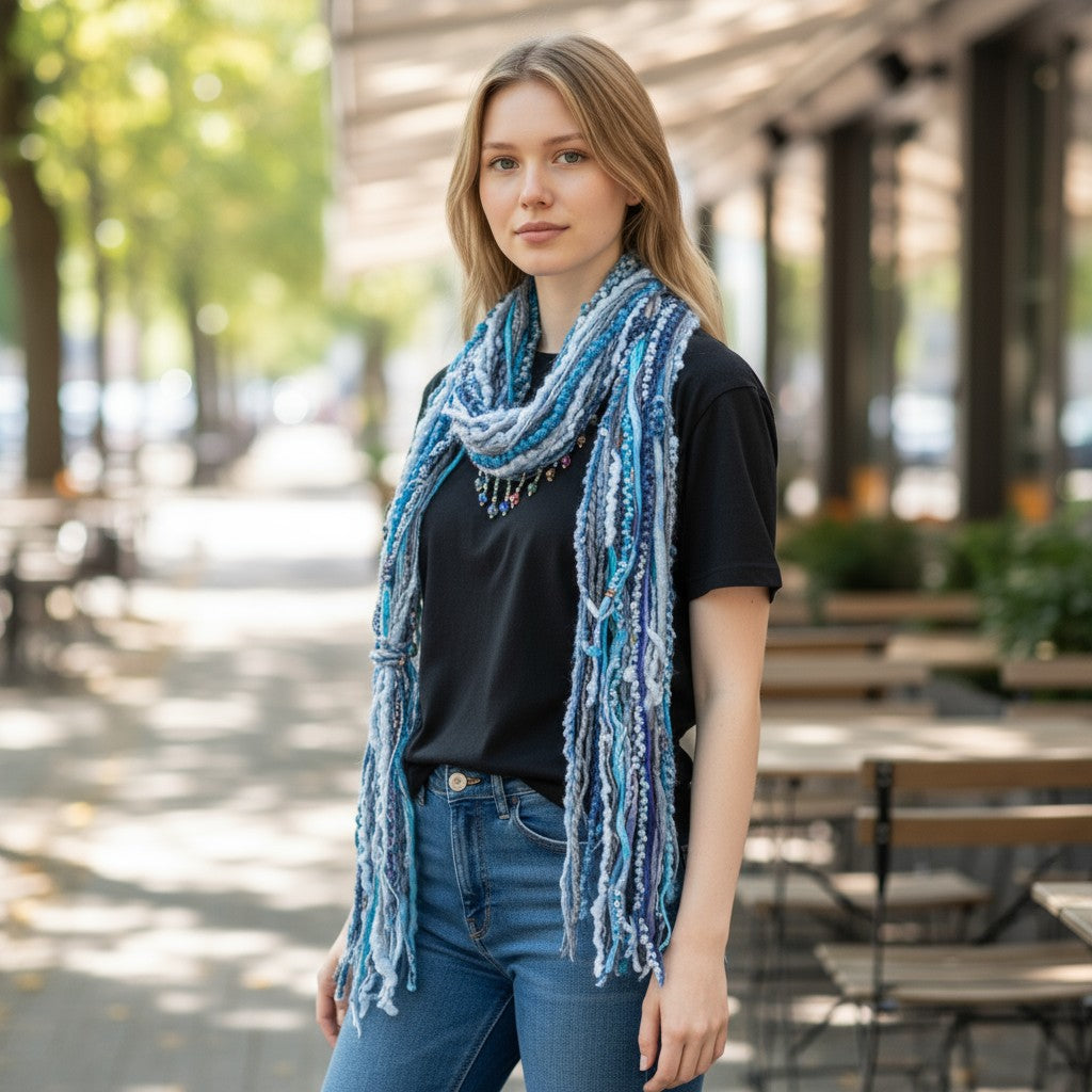 Boho Beaded Lightweight Mohair Scarf Necklace - Navy and Blue