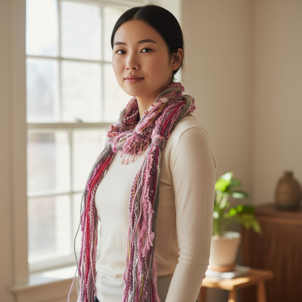 Boho Beaded Lightweight Scarf Necklace - Dark and Light Pink with Gray
