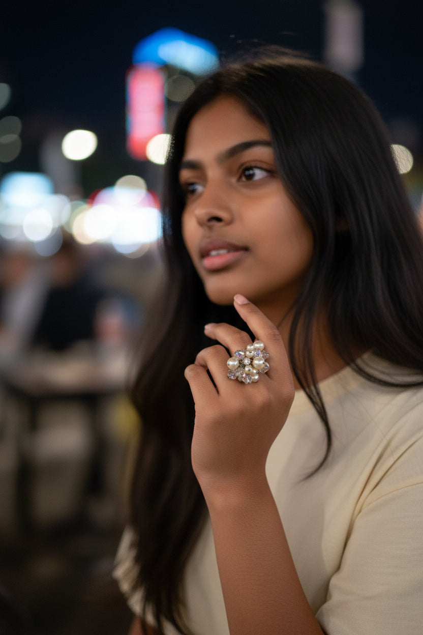 Sterling Silver Austrian Pearl & Crystal Cluster Ring
