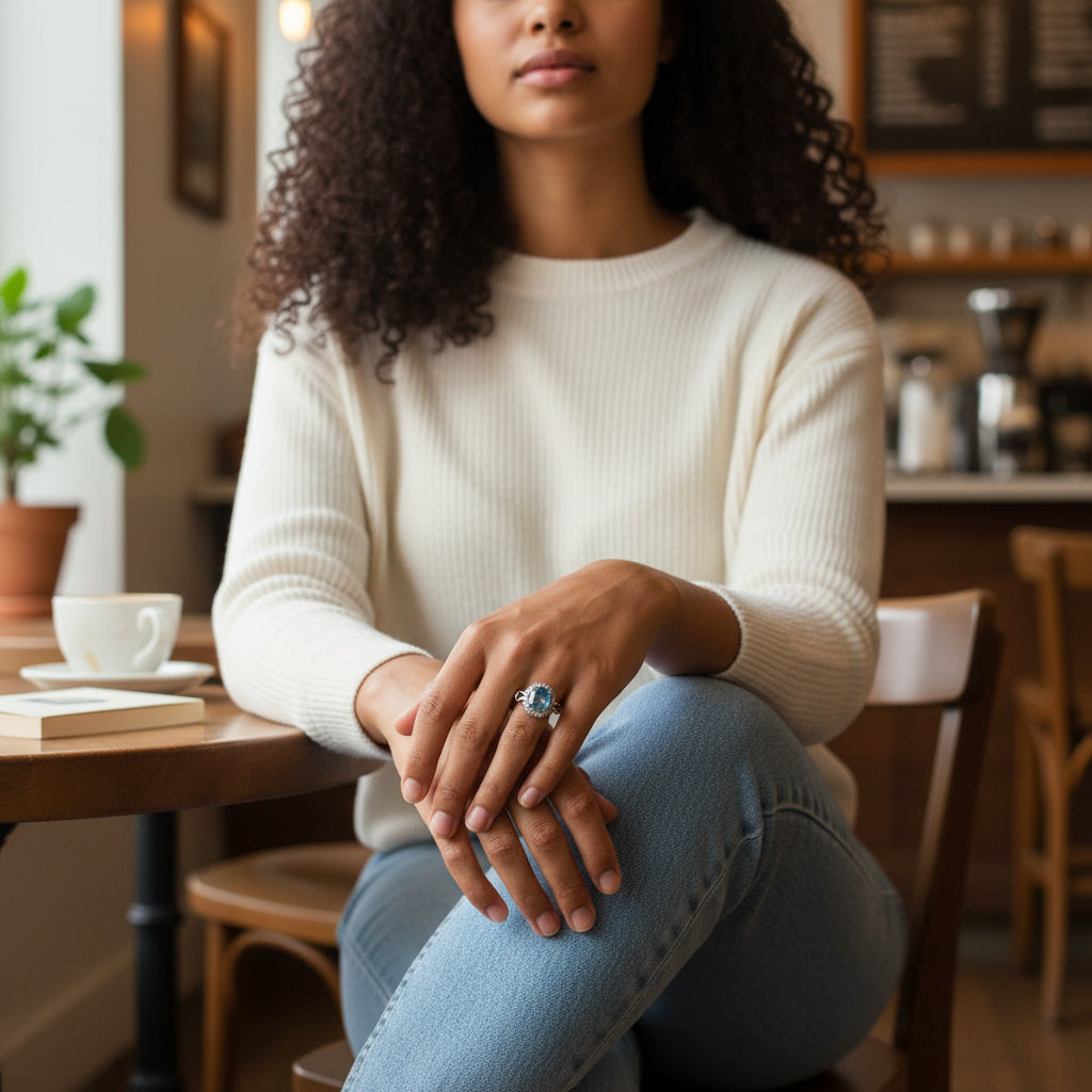 One-of-a-Kind Oval Blue Zircon Crystal Silver Ring with Intricate Halo Design (Adjustable)