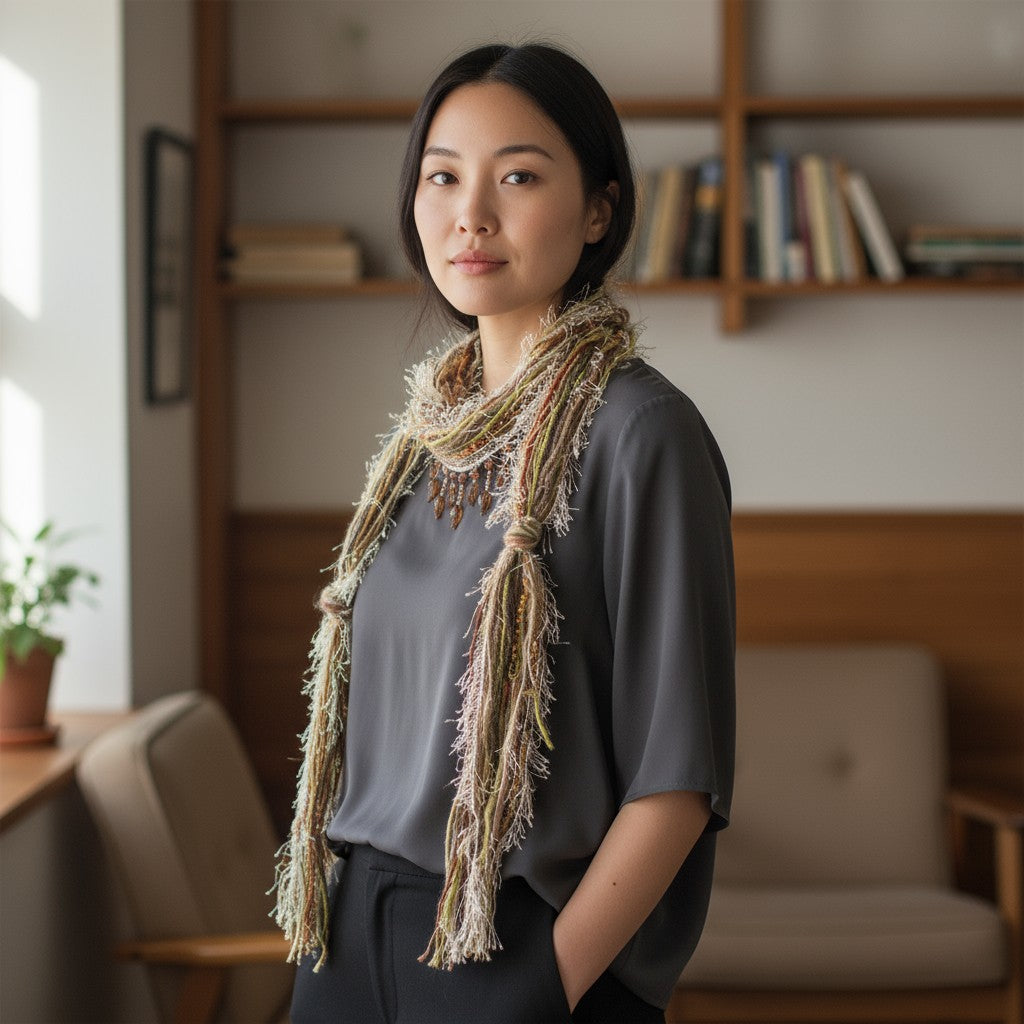 Boho Beaded Lightweight Mohair Scarf Necklace - Brown, Green, and Ivory