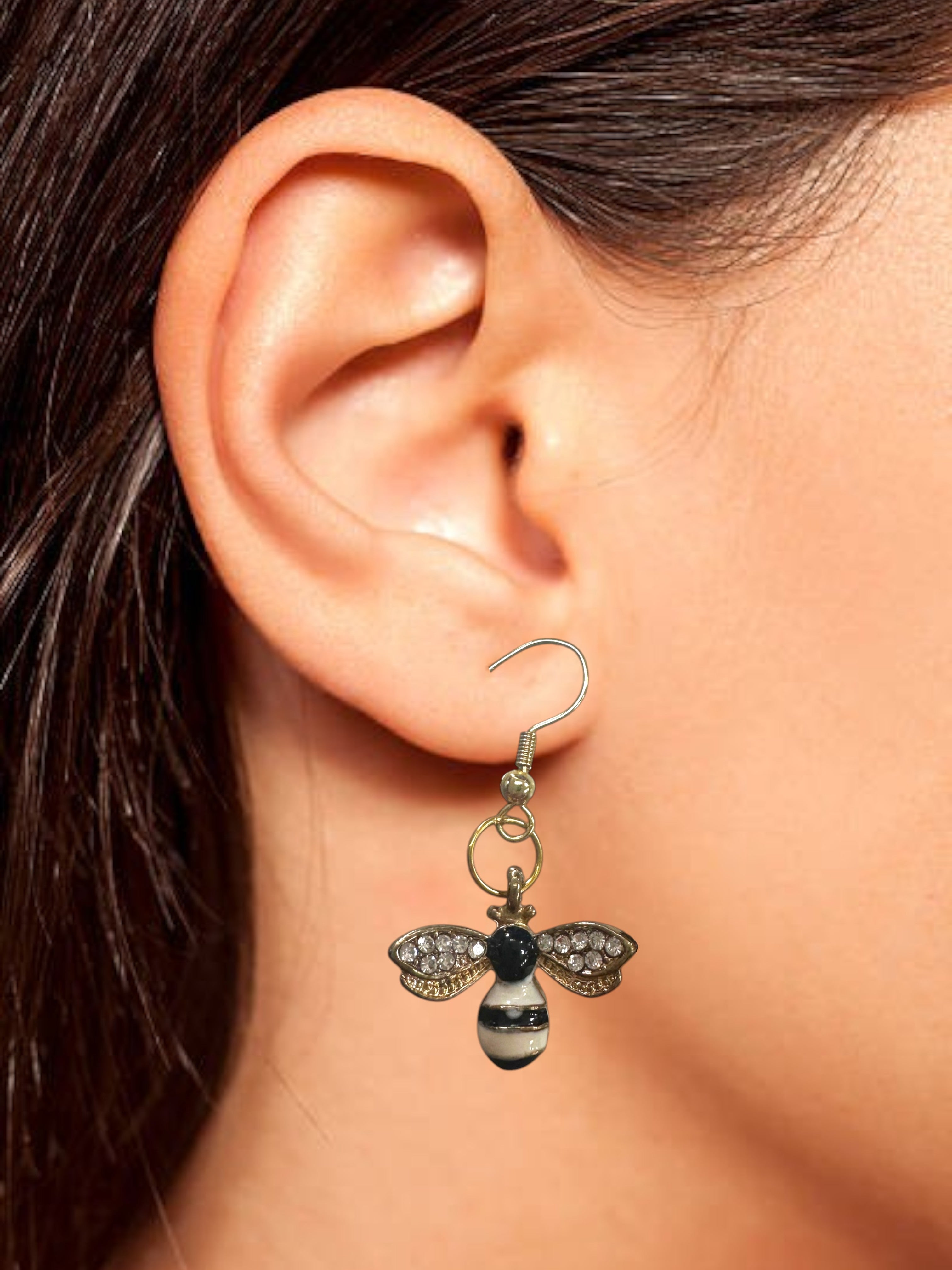 Dainty Bee Earrings with Crystal Wings - Gold & Yellow or Gold & White