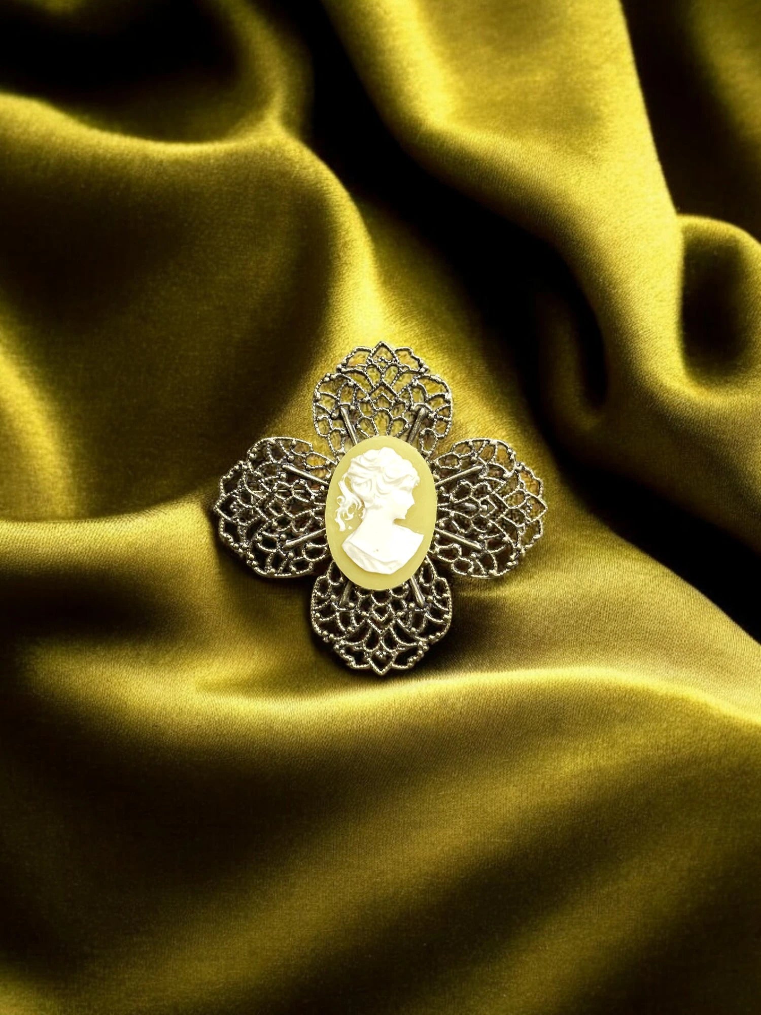 Victorian Cameo Brooch, Yellow & Gold Filigree Brooch, Vintage Style Jewelry