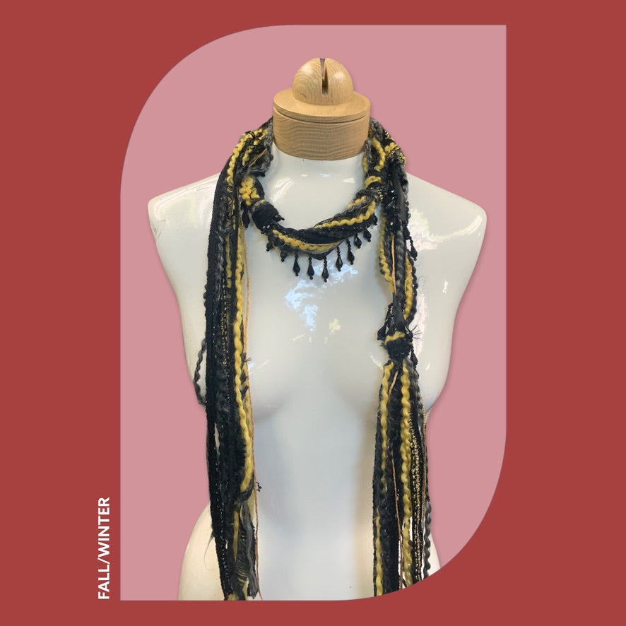 Bohemian Beaded Scarf Necklace - Black and Gold
