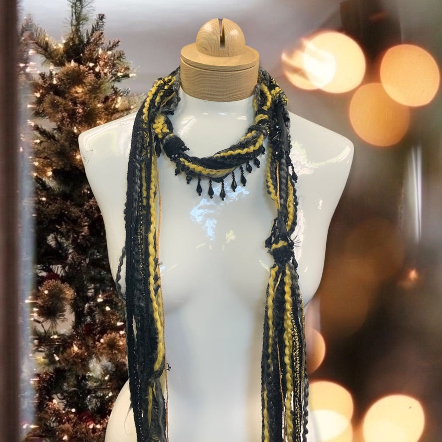 Bohemian Beaded Scarf Necklace - Black and Gold