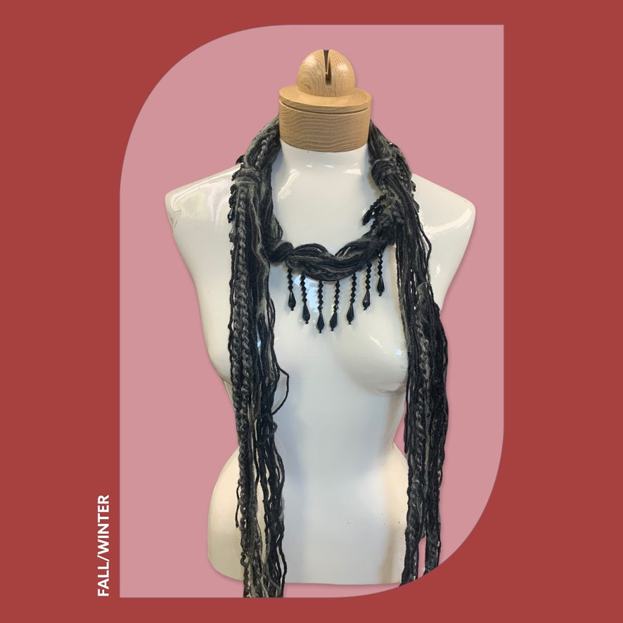 Boho Beaded Lightweight Mohair Scarf Necklace - Black and Gray