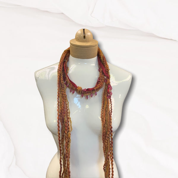 Boho Beaded Lightweight Mohair Scarf Necklace - Orange and Red