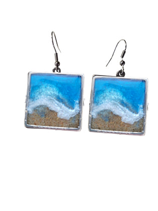 Beach Wave & Sand Dangle Earrings, Handmade, Resin Art, Coastal Jewelry