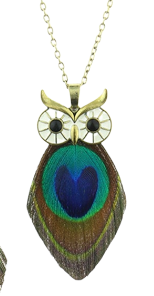 Boho Peacock Feather Owl Necklace and Earrings Set | Unique Gift