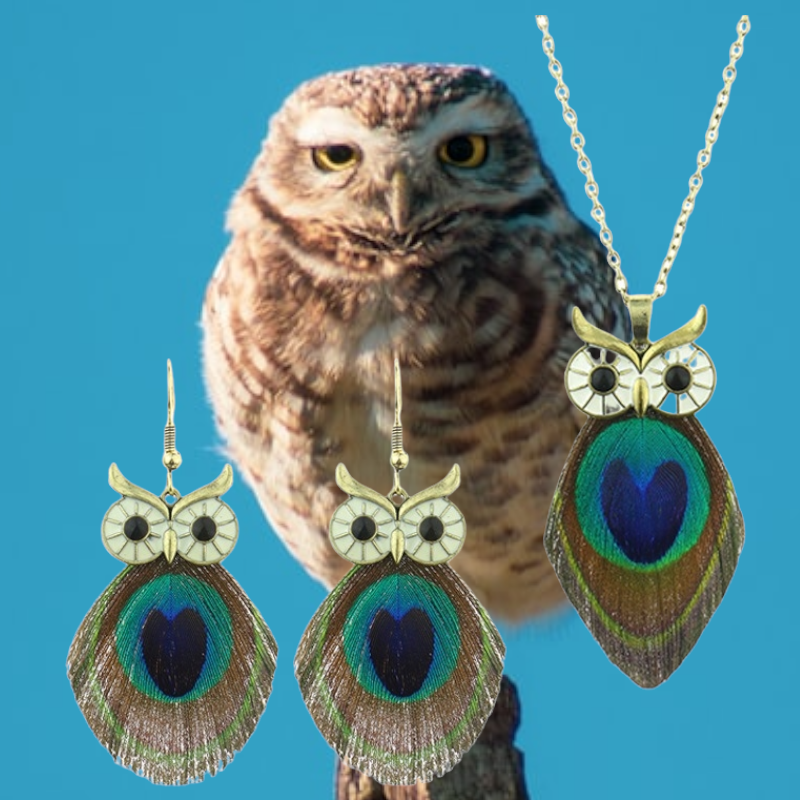 Boho Peacock Feather Owl Necklace and Earrings Set | Unique Gift