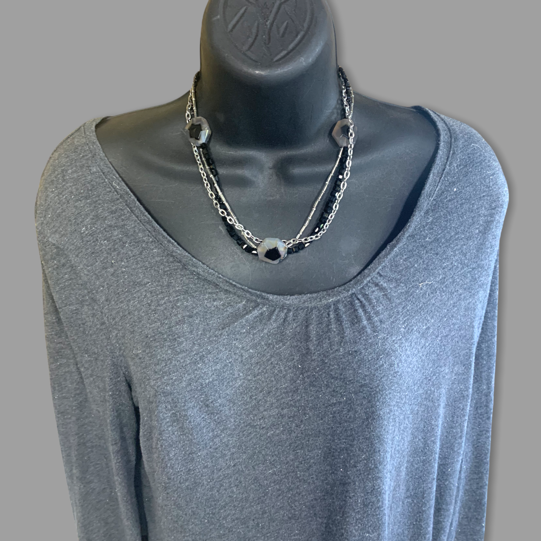 Handmade Black & Silver Agate Crystal Multi-Strand Statement Necklace - Michelle Marie Boutique