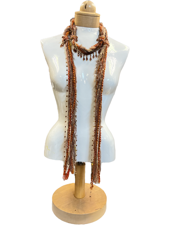 Boho Beaded Lightweight Mohair Scarf Necklace - Orange and Tan