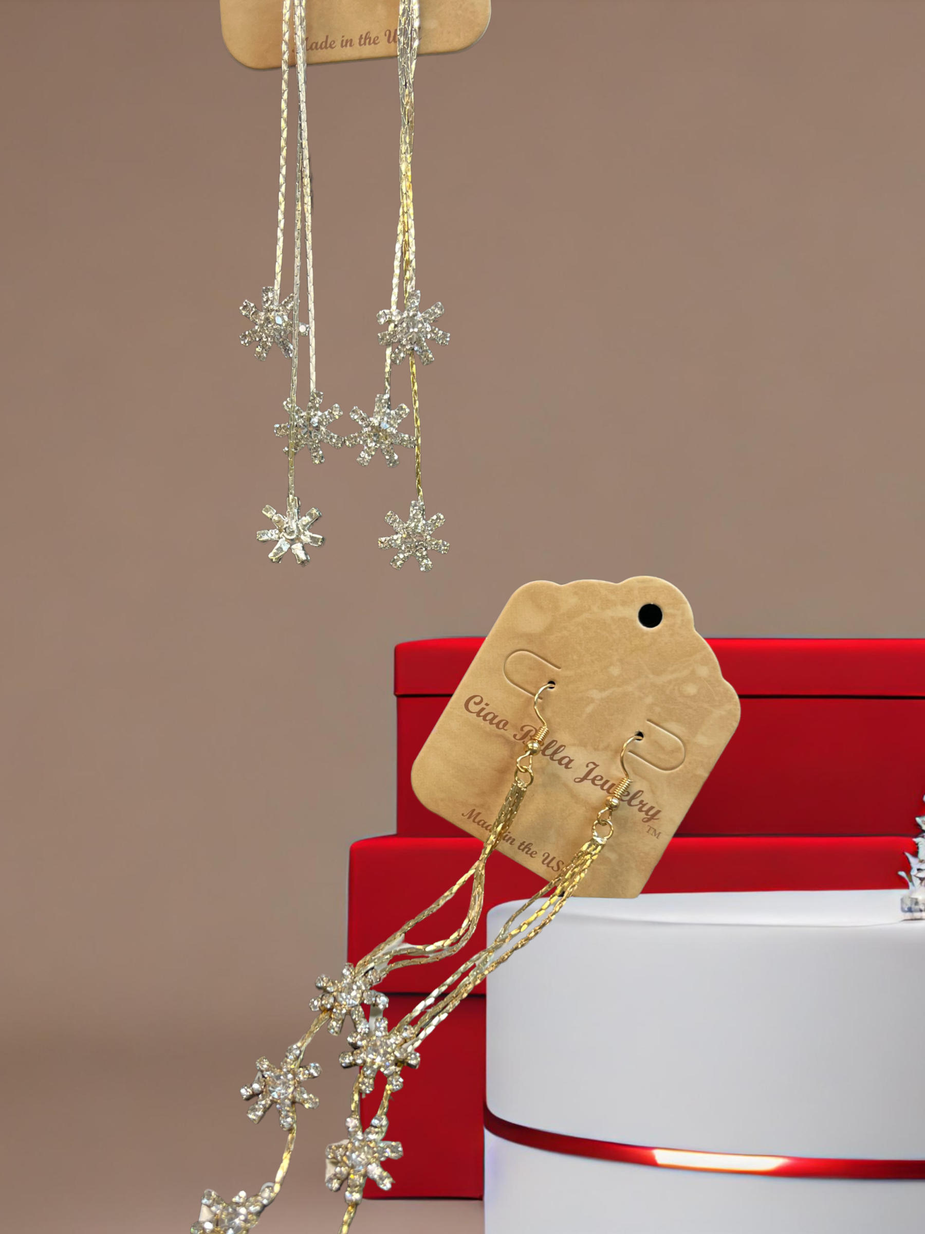 Gold or Silver Crystal Snowflake Dangle Earrings