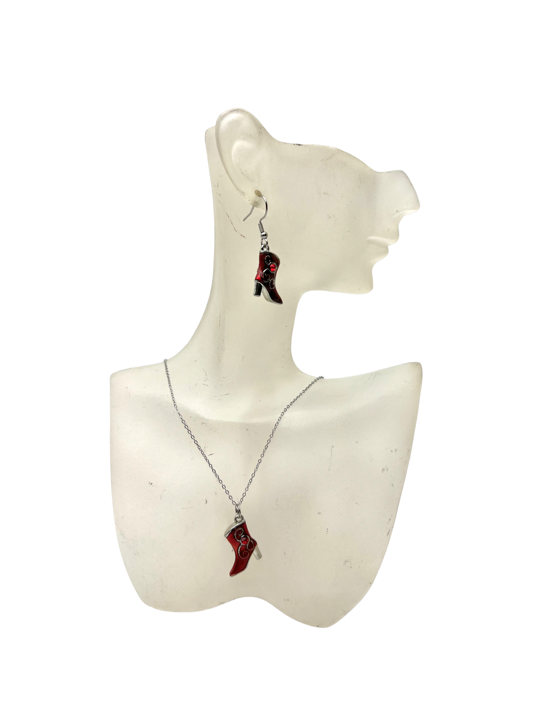 Red and Silver Hand-Painted Boot Earrings and Necklace