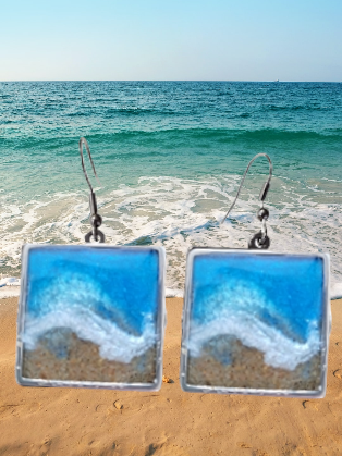 Beach Wave & Sand Dangle Earrings, Handmade, Resin Art, Coastal Jewelry