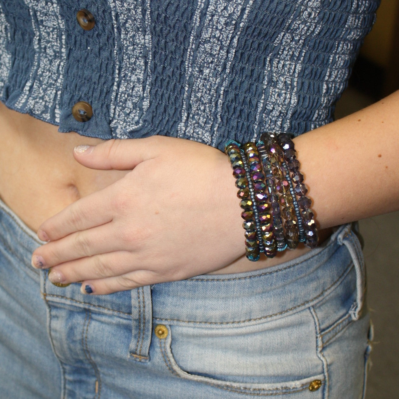 Wide Rainbow Crystal Beaded Stack Bracelet