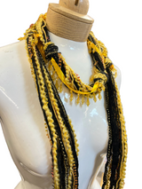 Boho Beaded Lightweight Mohair Scarf Necklace - Black and Gold with Beads