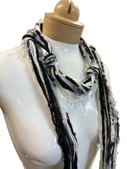 Boho Beaded Lightweight Scarf Necklace - Black and White Scarf