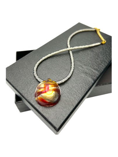 Vibrant Red, Gold, and Silver Murano Glass Pendant Necklace