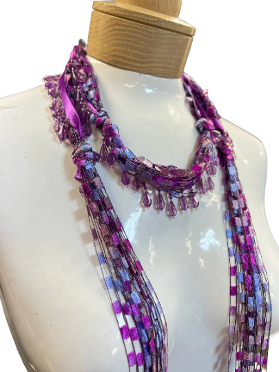 Boho Beaded Lightweight Mohair Scarf Necklace - Purple Mix w/Purple Beads