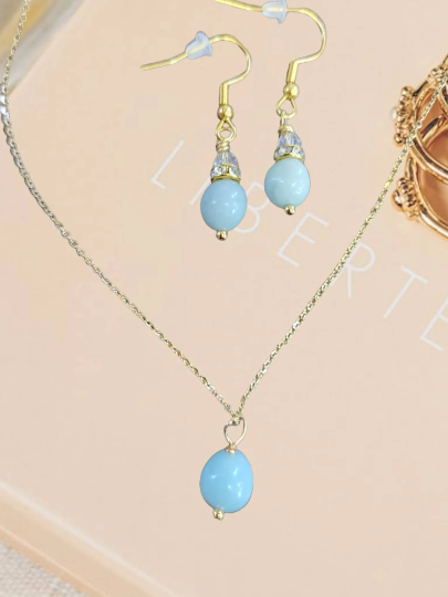 Aqua Amazonite Gemstone Pendant Necklace and Earrings Set, Perfect for Any Occasion