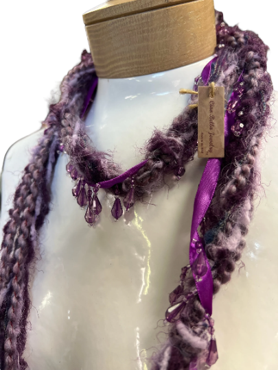 Boho Beaded Lightweight Mohair Scarf Necklace - Eggplant and Lavender with Beads