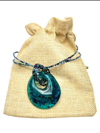 Turquoise and Black Murano Glass Pendant Necklace