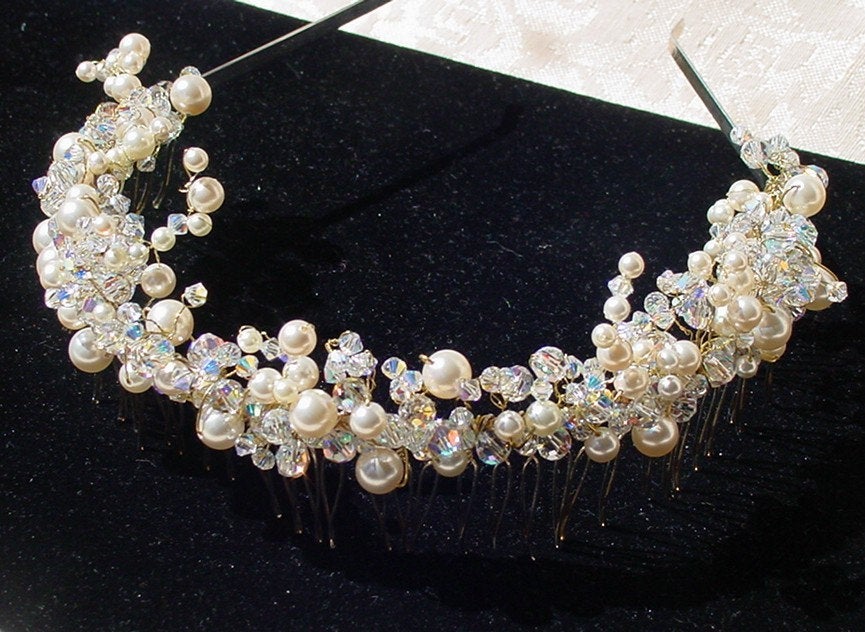 Fairytale Radiance: Pearl and Crystal Bridal Tiara (Handmade in USA)