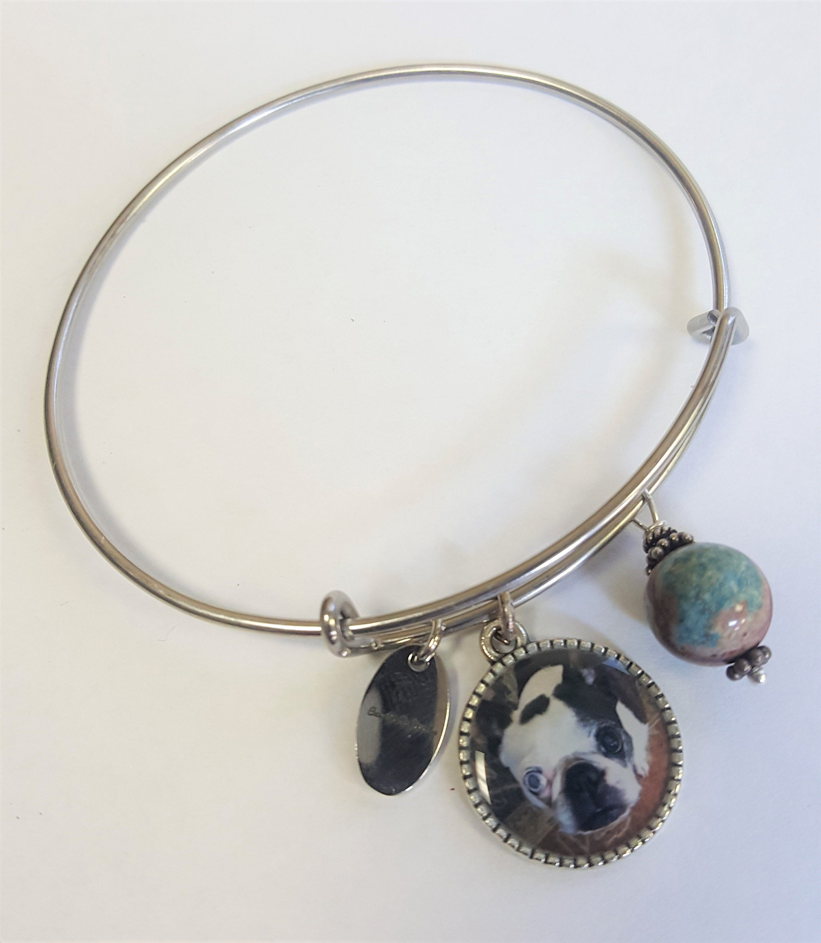 Dog Lovers Pet Breed Photo Bangle Bracelet with Bone Charm