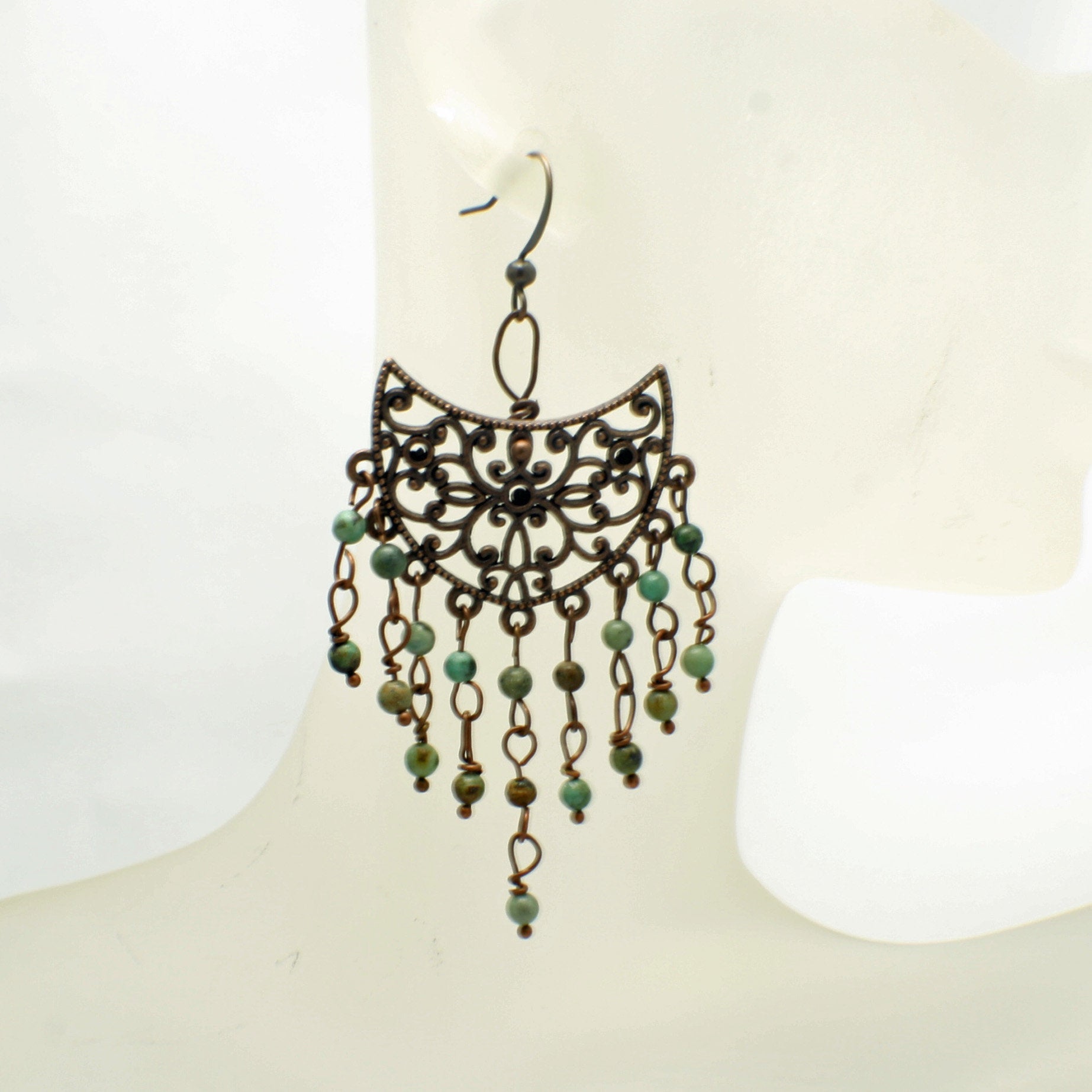 Bohemian Chic: Copper Filigree Chandelier Earrings with African Turquoise