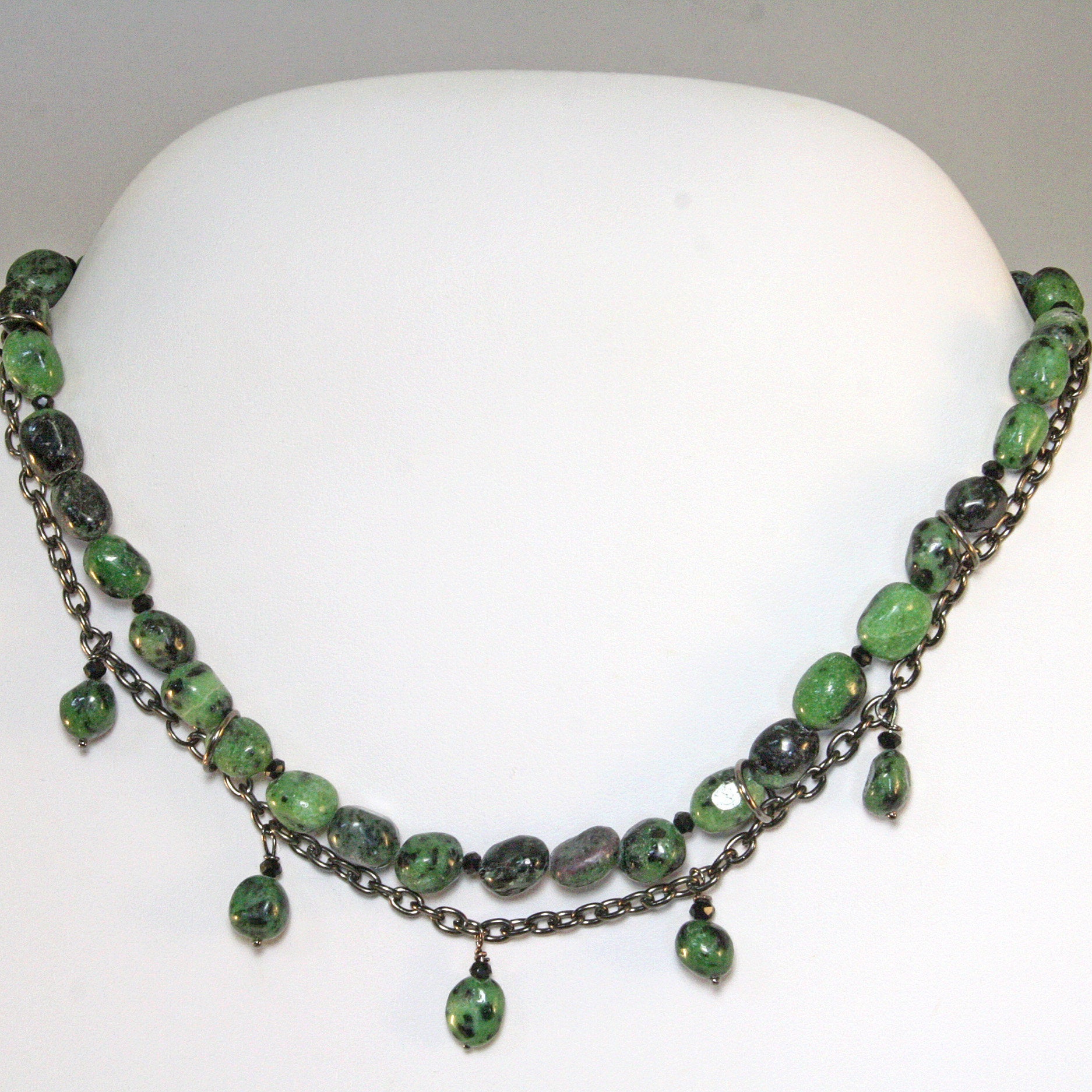 Green Ruby Zoisite Double Strand Necklace with Gunmetal Chain | Edgy and Elegant