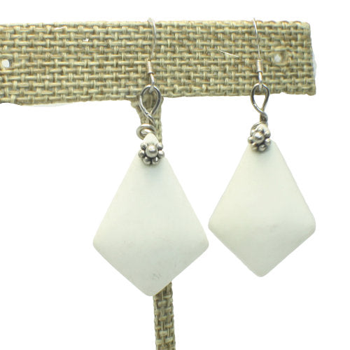 Ocean-Inspired White Diamond Sea Glass Earrings with Silver Flower
