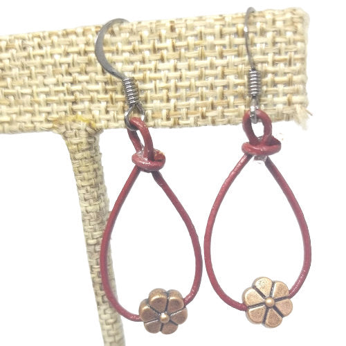 Leather Teardrop Earrings with Diamond or Round Metal Designs