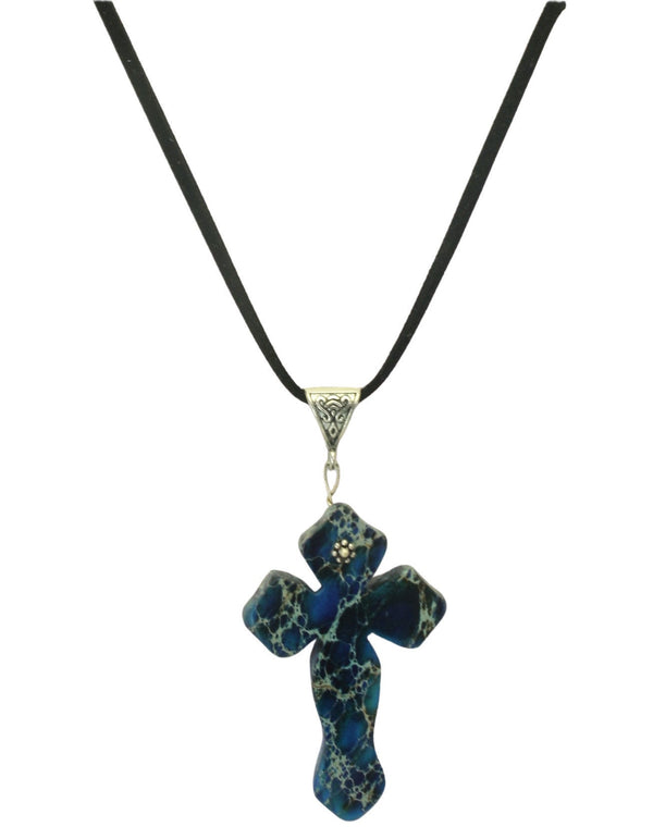 Striking Navy Blue Jasper Cross Pendant Necklace (Gift Pouch)