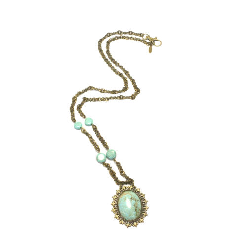 Long Natural Turquoise Necklace, Antique Gold Chain, Statement Jewelry